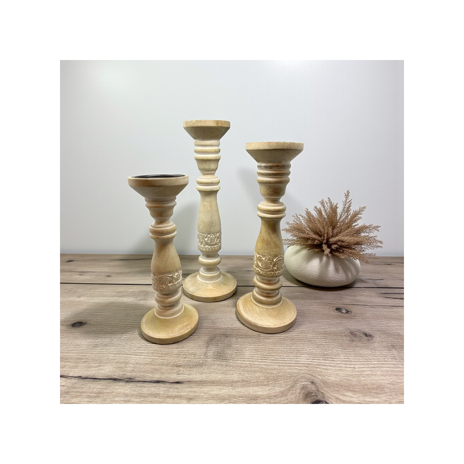 Set of 3 Charleston Candle Holders-Bleached Wood
